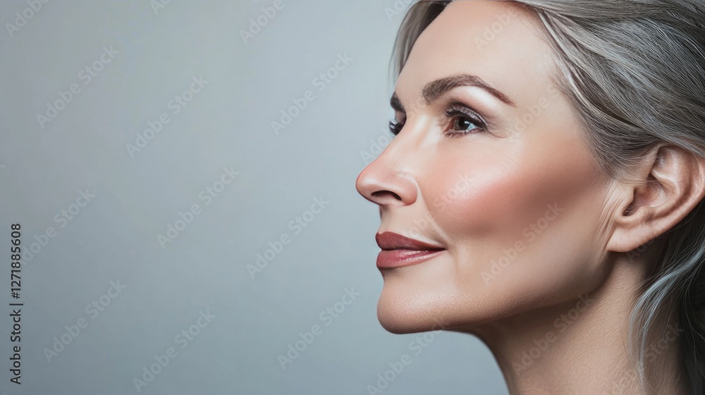 Obraz premium A side profile of a -year-old woman with a smooth and even complexion, showing subtle signs of aging and emphasizing her timeless beauty in a classic setting.
