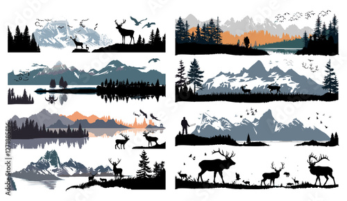 Vector illustration, North land, mountain and wildlife, great outdoor, vector landscape, silhouette collection, nature scene, adventure, wilderness, forest, scenic view