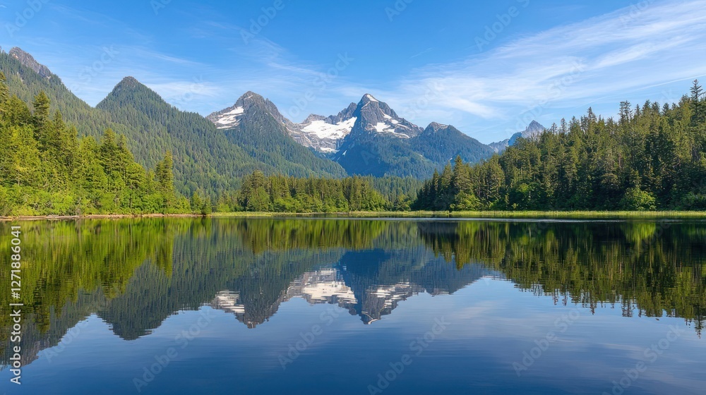 Fototapeta premium Snow Capped Mountains Reflected in a Tropical Lake