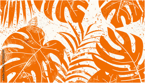 Tropical monstera palm leaves wallpaper vector abstract seamless pattern orange grunge effect, exotic foliage design, nature background, modern interior decor, leaf texture