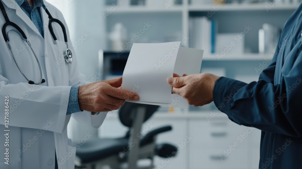 A doctor is handing a patient a piece of paper A doctor is handing a patient a piece of paper