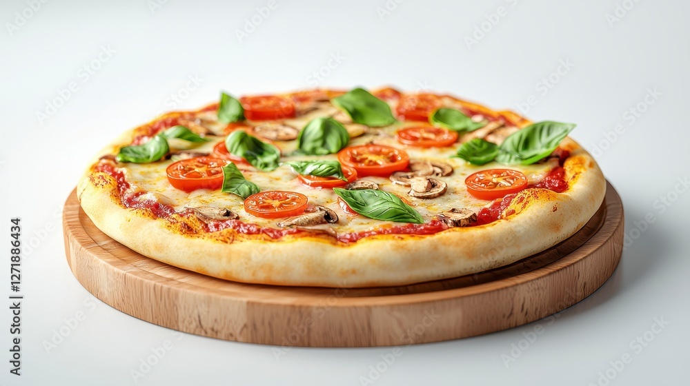 Mouthwatering Pizza with Melted Mozzarella, Tomatoes, Mushrooms and Fresh Basil on Rustic Wooden Board Mouthwatering Pizza with Melted Mozzarella, Tomatoes, Mushrooms and Fresh Basil on Rustic Wooden Board