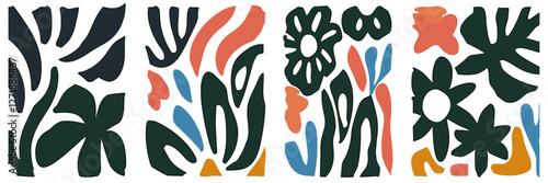 Organic matisse floral pattern, abstract flower shapes, groovy vector posters, floral design, modern artwork, minimal abstract flowers, vibrant vector illustrations