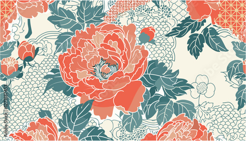 Peony flowers, seamless pattern, traditional Japanese fabric motifs, vector illustration, floral textile design, Japanese patchwork background, ornamental flower patterns