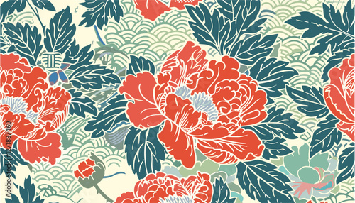 Peony flowers vector illustration with traditional Japanese fabric motifs, patchwork background, seamless pattern, floral design, Japanese art, textile, oriental style, decorative prints