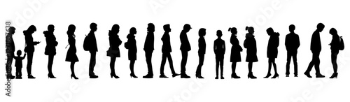 Queue vector, people silhouette collection, waiting line vector, standing people illustration, line silhouette, waiting crowd vector, vector illustration queue, people standing.