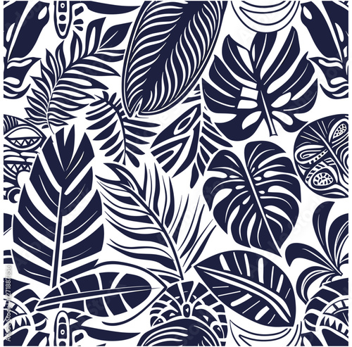 Abstract vector seamless pattern with tribal tattoo background, Polynesian style illustration with leaves, ethnic decorative design, tropical motif, Hawaiian art, geometric ornament, tattoo pattern