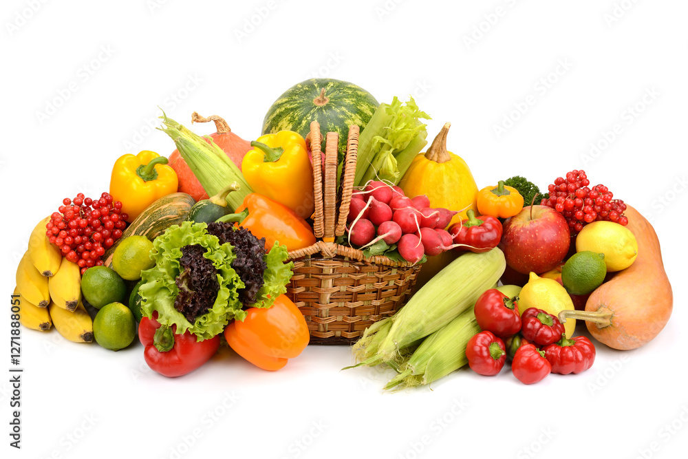 Healthy fresh vegetables and fruits in willow basket isolated on white Healthy fresh vegetables and fruits in willow basket isolated on white