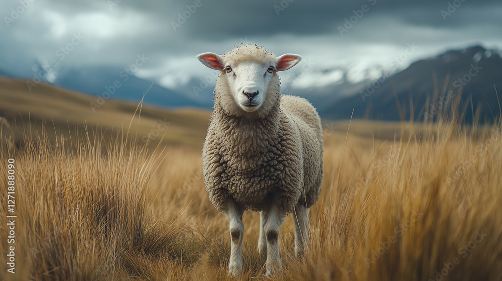 Fototapeta premium A woolly sheep standing in tall grassy meadows, gazing towards the camera, showcasing the calmness and natural beauty of pastoral landscapes.