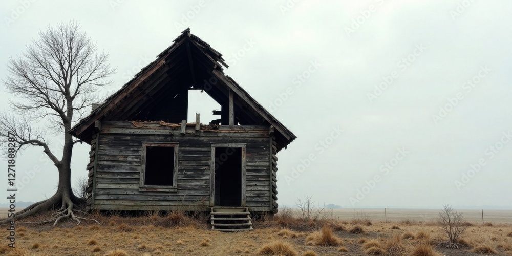 A dilapidated wooden structure stands solitary amidst a desolate, grassy expanse, a stark, leafless tree casting a long shadow nearby. A dilapidated wooden structure stands solitary amidst a desolate, grassy expanse, a stark, leafless tree casting a long shadow nearby.