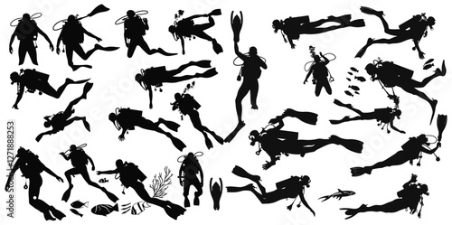 Scuba snorkeling vector silhouettes, underwater diving illustration, ocean adventure silhouettes, marine life vector art, swimming poses, underwater exploration, snorkeling adventure