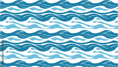 Seamless marine decoration pattern background, vector sea wave pattern, water line background, ocean wave shape design, abstract wave pattern, blue sea waves