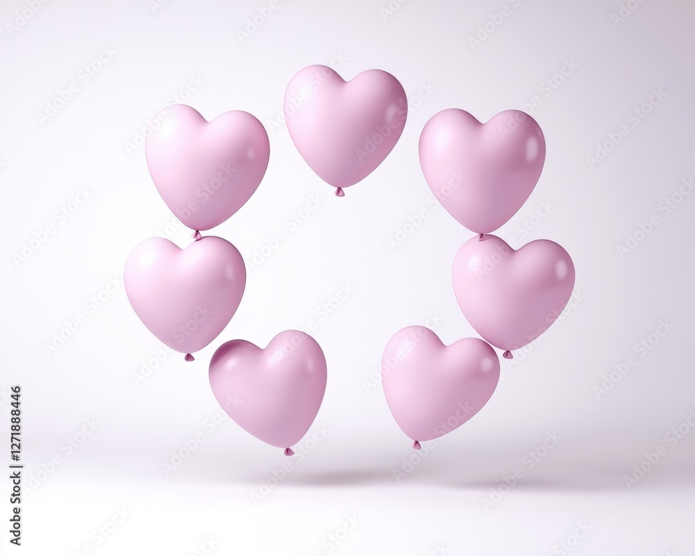 Pink heart-shaped balloons arranged in a playful circular design on a white background. Pink heart-shaped balloons arranged in a playful circular design on a white background.