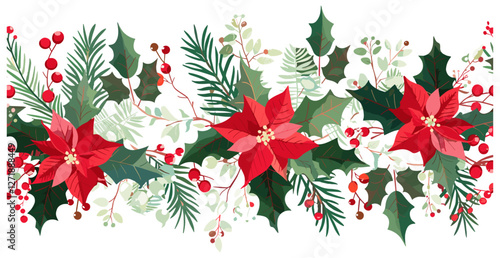 Xmas seamless floral border vector with poinsettia, holly berries, mistletoe, pine, fir branches, cones, rowan berries, winter plants, holiday decoration, Christmas pattern