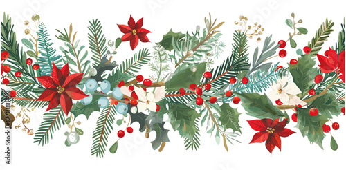 Seamless Christmas floral border vector with poinsettia, holly berries, mistletoe, pine, fir branches, cones, rowan berries, festive holiday frame, winter plants, Xmas background