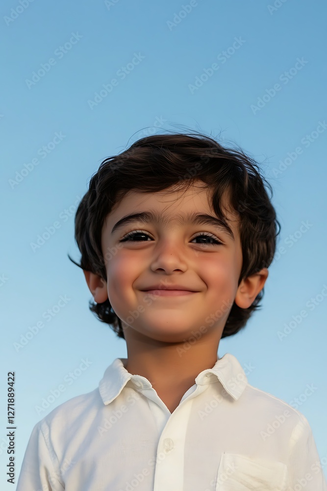 Child Smiling Against Clear Blue Sky Portrait Photography Natural Setting Upward Angle Child Smiling Against Clear Blue Sky Portrait Photography Natural Setting Upward Angle