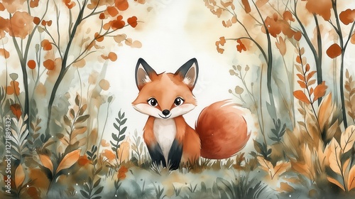 A charming watercolor illustration of a fox surrounded by autumn leaves in a forest setting. Ideal for nature-themed designs, children’s artwork, and fall promotions. photo