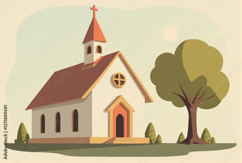 Naklejka premium Illustration of a Small Church with Tree and Shrubs
