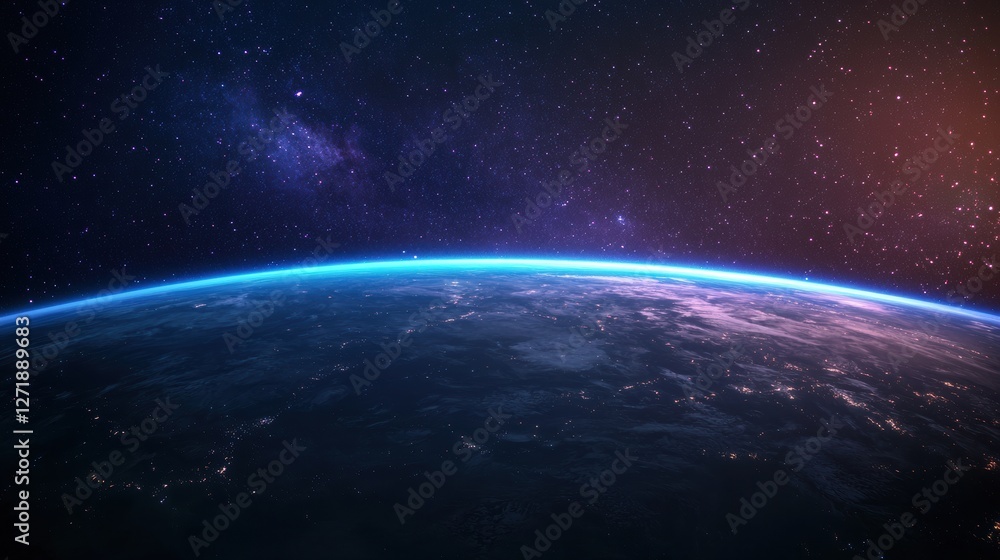 Fototapeta premium A stunning view of Earth from space, highlighting its curvature and the vibrant atmosphere against a backdrop of stars and cosmic colors.