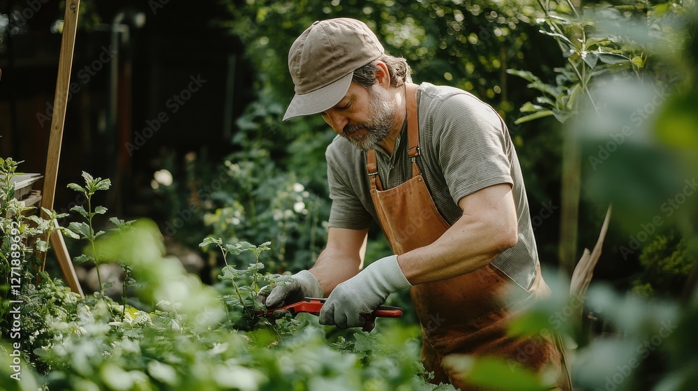 Fototapeta premium A man is trimming plants in a garden