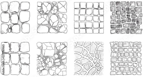 Vector illustration set of hand drawing paving stone and brick textures, outline seamless patterns of street pavement, cobblestone wall or path, floor tiles top view, old road