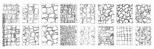 Set of vector illustration hand drawing paving stone and brick textures, seamless patterns of street pavement, cobblestone wall or path, floor tiles top view, urban background