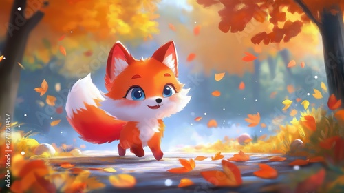 A charming watercolor illustration of a fox surrounded by autumn leaves in a forest setting. Ideal for nature-themed designs, children’s artwork, and fall promotions. photo