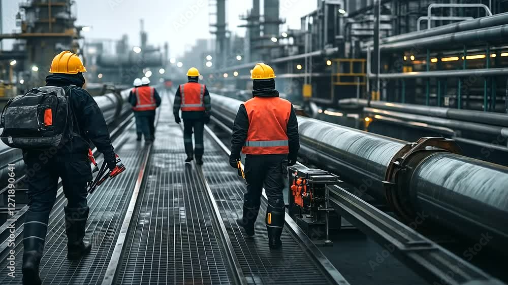custom made wallpaper toronto digitalFactory workers carrying tools as they walk along steel walkways flanked by rows of massive gas pipelines, with an industrial plant's machinery humming in the background