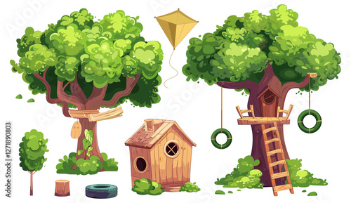 Treehouse vector illustration with wooden ladder, kite, tire swing, green garden bushes, doghouse, kids play area, backyard fun, summer outdoor activities, childhood memories,
