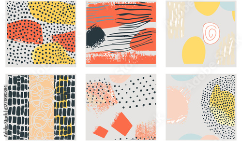 Vector illustration, set of seamless hand drawn pattern, ink, pencil, brush, geometric doodle shapes, spots, dots, strokes, stripes, lines, trendy color template, social media, posters, prints