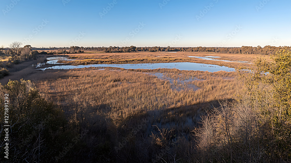 Obraz premium Golden reeds and tranquil water create a serene wetland scene beneath a vast clear sky.