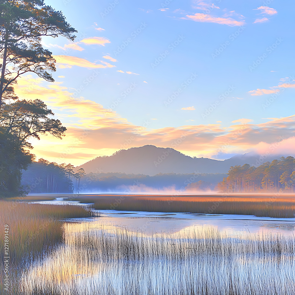 Fototapeta premium Mist hangs over the serene wetland reflecting a soft pastel dawn sky with distant mountains in the background.