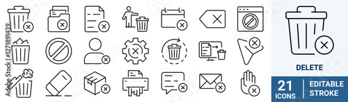 Delete web line icon set. Containing trash, delete button, cancel, undo, throw and remove icons. Solid icon collection. Vector illustration.