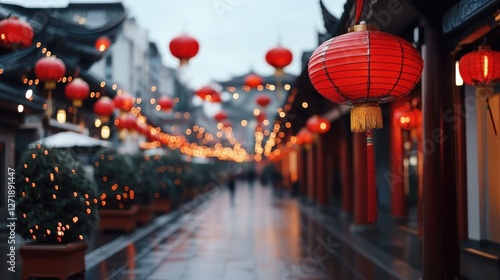 Wallpaper Mural Colorful red lanterns hang above a vibrant street adorned with twinkling lights creating a festive atmosphere for the Chinese New Year celebrations. A charming walkway is visible in the background Torontodigital.ca