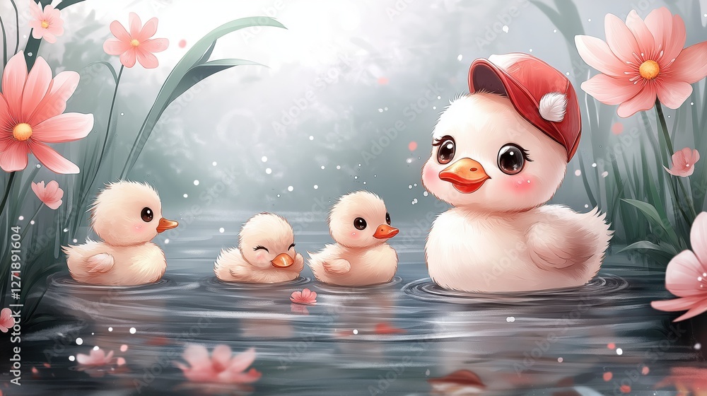 A watercolor illustration of a mother duck and her ducklings swimming peacefully in a river surrounded by soft flowers. A watercolor illustration of a mother duck and her ducklings swimming peacefully in a river surrounded by soft flowers.