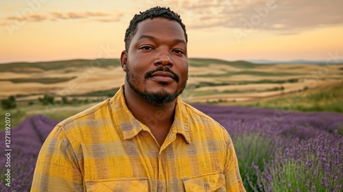 Man Lavender Field Sunset Portrait Agriculture