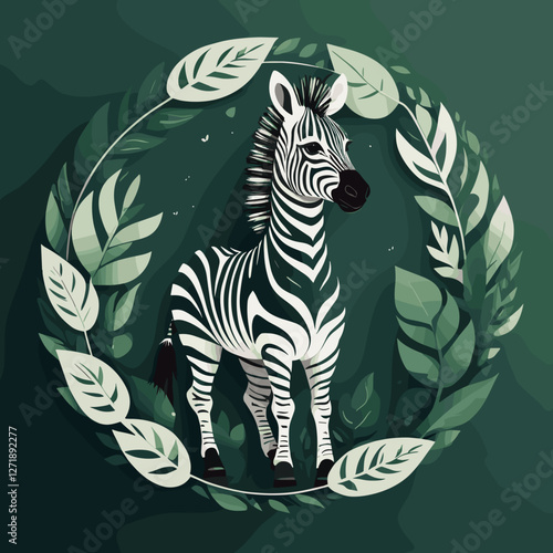 Striking zebra standing among green leaves in circular design background, illustration