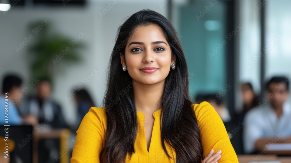 Fototapeta premium Indian woman entrepreneur leading a startup seminar, sharing insights on innovation and growth, casual but professional setting, young professionals interacting,
