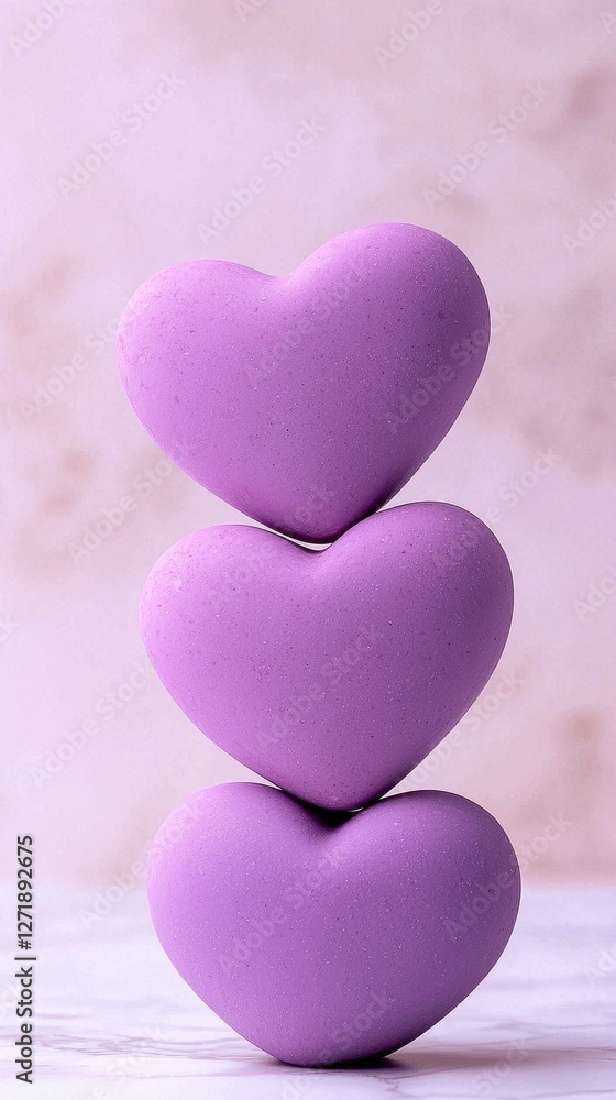 Fototapeta premium Three stacked purple hearts against a soft background, symbolizing love and affection.