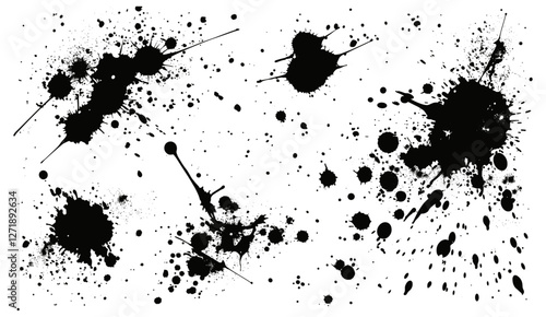 Spray paint splashes set, black ink drips, graffiti inkblot spots, brush drops, liquid blob, paintbrush splotch, dusty speckle effect, smudges, dirty splash stains, inky splatters