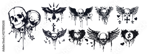 Spray paint graffiti wing with drips, black inky human skull, rock guitar, dollar icon, cross, angel emoji, flying heart with wings, grunge airbrush street style symbols, urban stickers, art