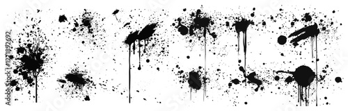 Inkblot spots, spray paint splashes, brush drops, black ink drips, liquid blob, paintbrush splotch, smudges, dusty speckle effect, graffiti ink splatters, dirty splash stains