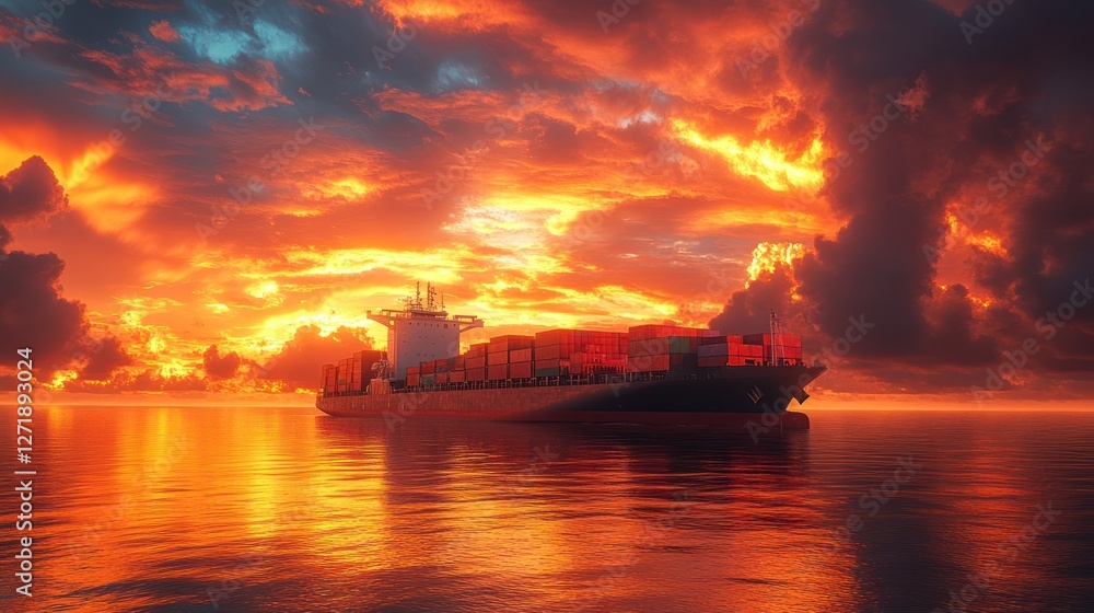 Cargo Ship at Sunset, Dramatic Skies Cargo Ship at Sunset, Dramatic Skies