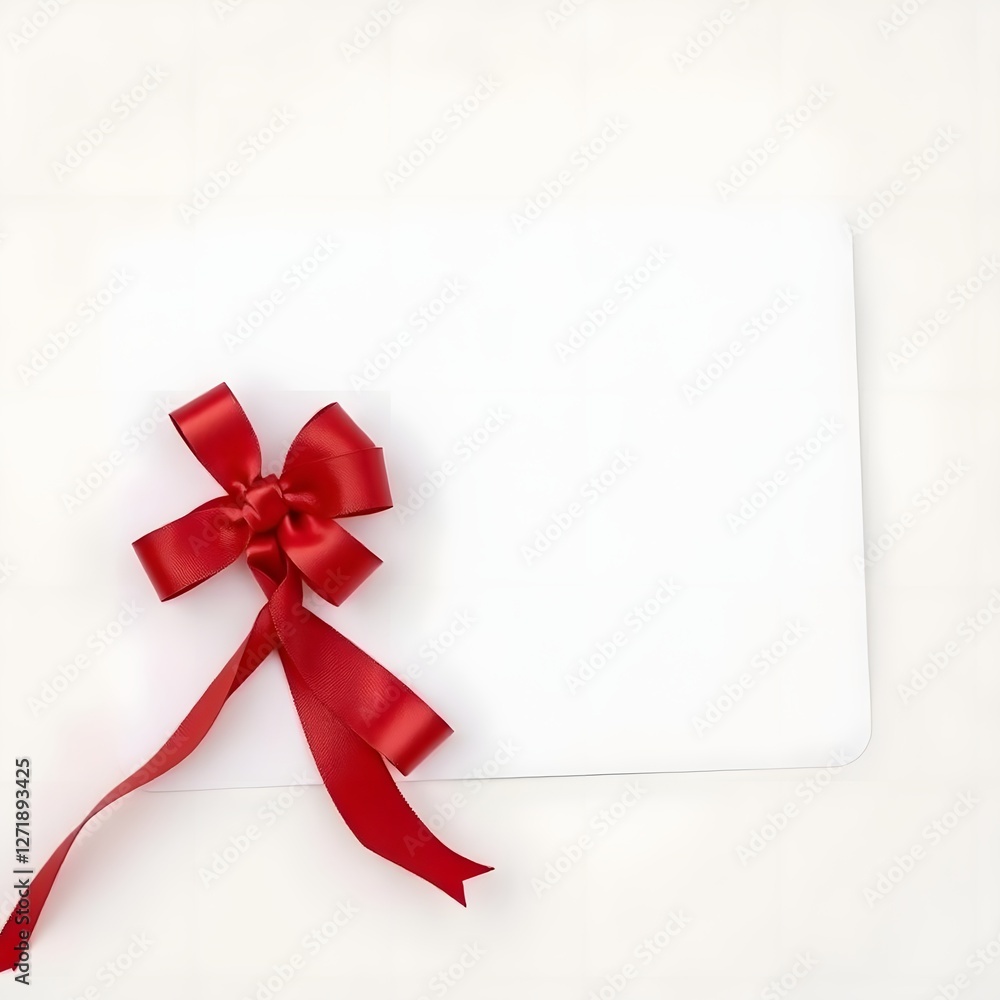 An elegant blank greeting card with a single red bow on top, placed against a white background. An elegant blank greeting card with a single red bow on top, placed against a white background.