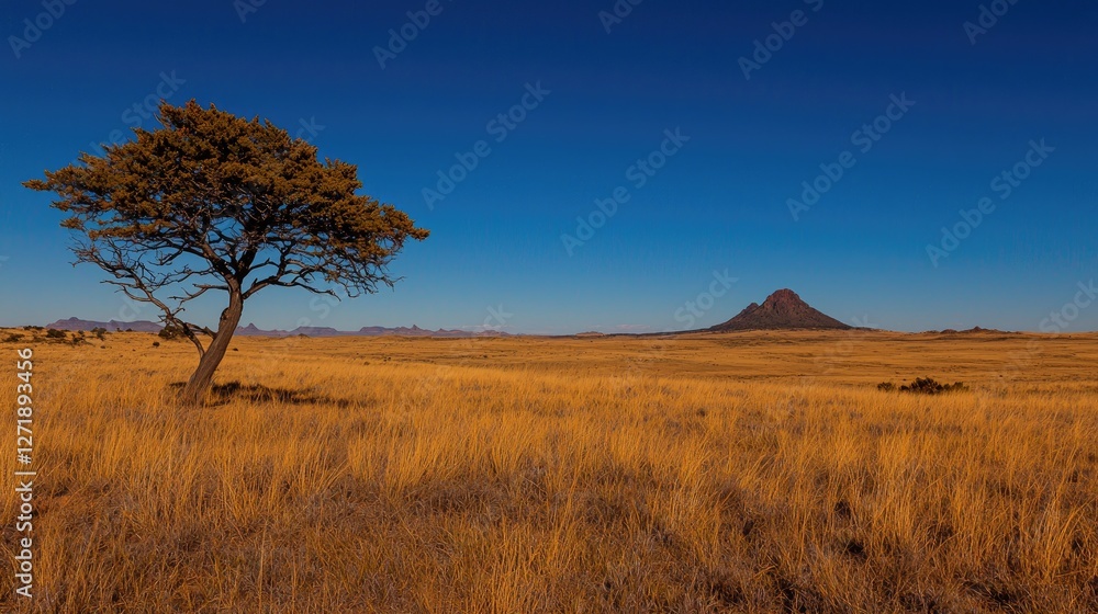 Lone tree in golden plains, distant butte, clear sky; travel poster Lone tree in golden plains, distant butte, clear sky; travel poster