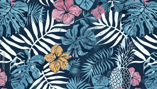 Tropical seamless pattern, flower leaf pineapple patchwork, vintage fabric shirt, beach towel, pillow, tablecloth, home decor, grunge effect, tropical design, summer print, stylish textile.