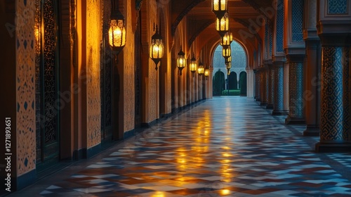 Illuminated Arabian corridor, palace walkway, evening, garden view, travel