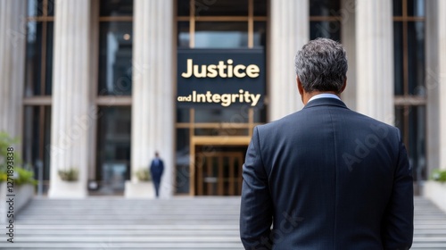 Wallpaper Mural A man stands in front of a building that says Justice and Integrity Torontodigital.ca