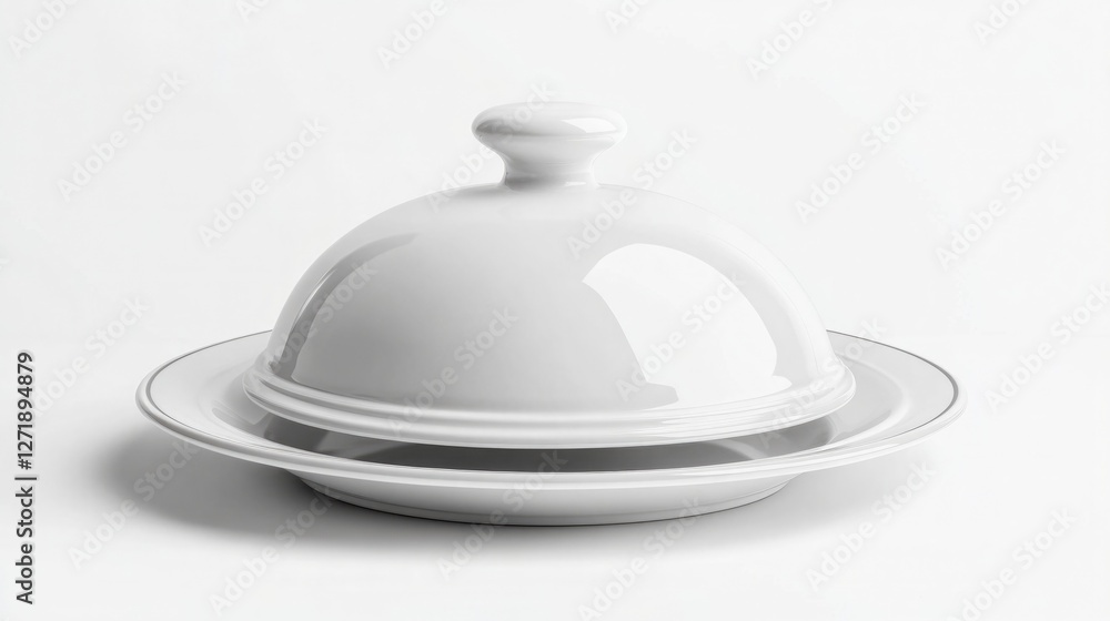 White serving cloche elevated over an empty white plate, isolated. - White serving cloche elevated over an empty white plate, isolated. -
