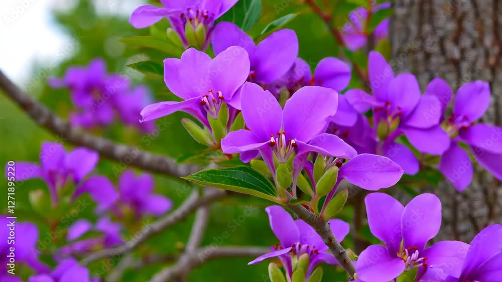 Bright purple flowers burst into bloom on a tree, creating a vibrant display in a serene garden. The lush greenery surrounding the blossoms enhances the beauty of this springtime moment. Sunlight Bright purple flowers burst into bloom on a tree, creating a vibrant display in a serene garden. The lush greenery surrounding the blossoms enhances the beauty of this springtime moment. Sunlight